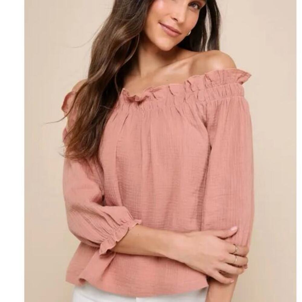 Lulus Sweet One Rusty Rose Off-the-Shoulder Three-Quarter Sleeve Top L